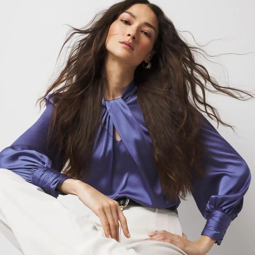 WHBM Chic Royal Blue Long Sleeve Twisted Neck Satin Blouse size 4 - Picture 9 of 15